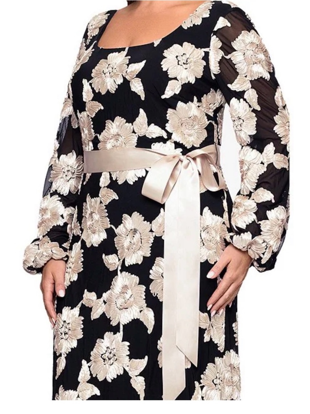 Betsy & Adam Black Maxi Dress with Cream Floral Appliqué and Satin Sash - Picture 2 of 5
